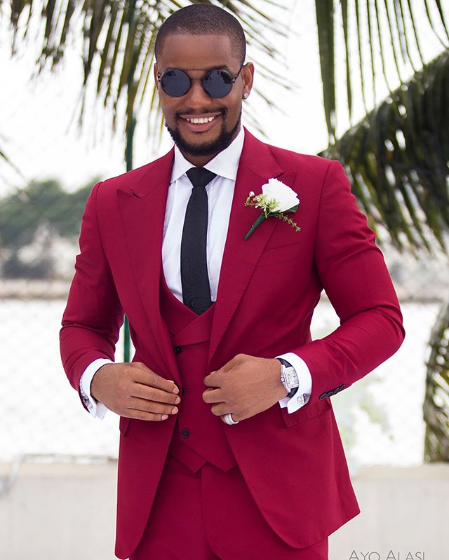 Looking dapper in red suit, actor Alex Ekubo brags to his future wife