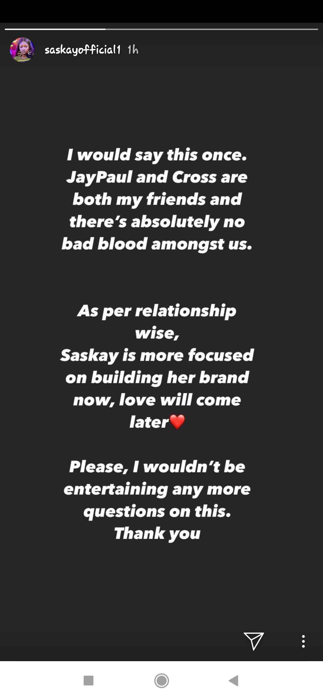 #BBNaija: Saskay debunk rumours of crisis in her relationship with Cross and Jaypaul